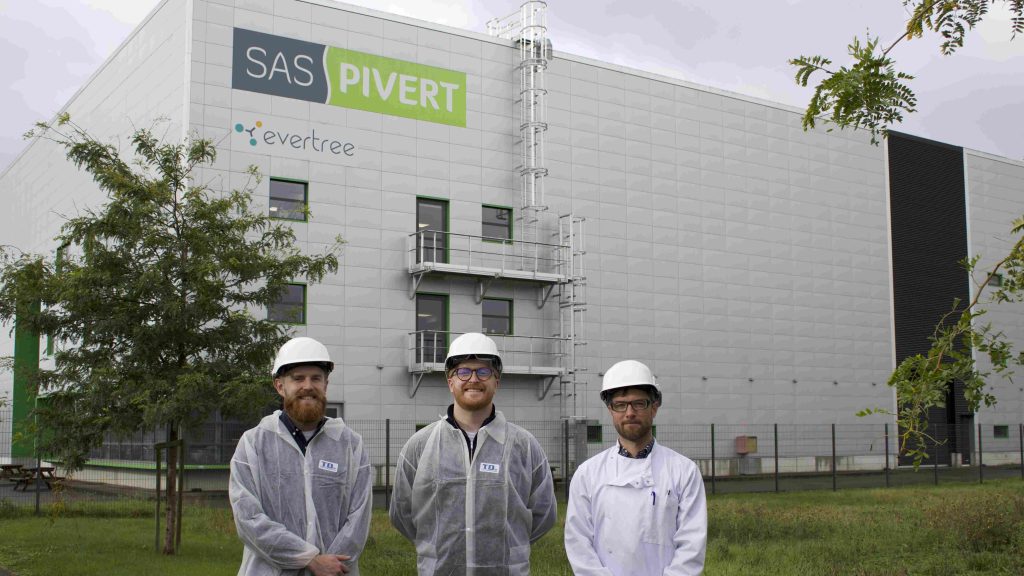 scott kennedy and fergus moore from Revive Eco outside SAS Pivert, France beside Anthony Leroy from SAS Pivert